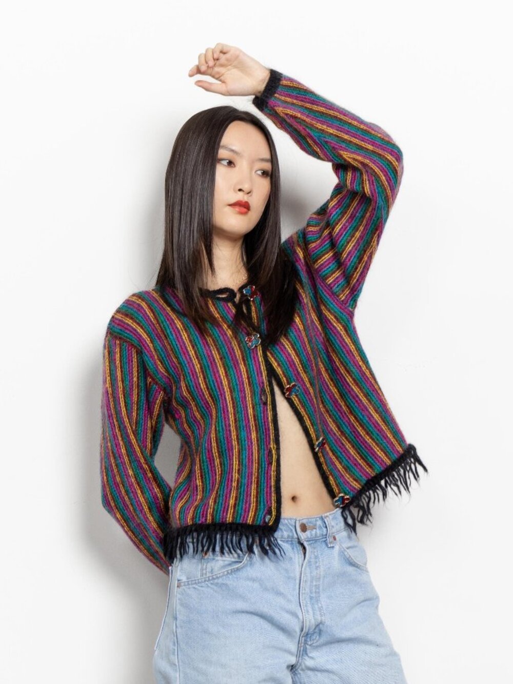 STRIPE Mohair Sweater Boxy Soft Fuzzy Textured Fringe Jumper / Small Medium